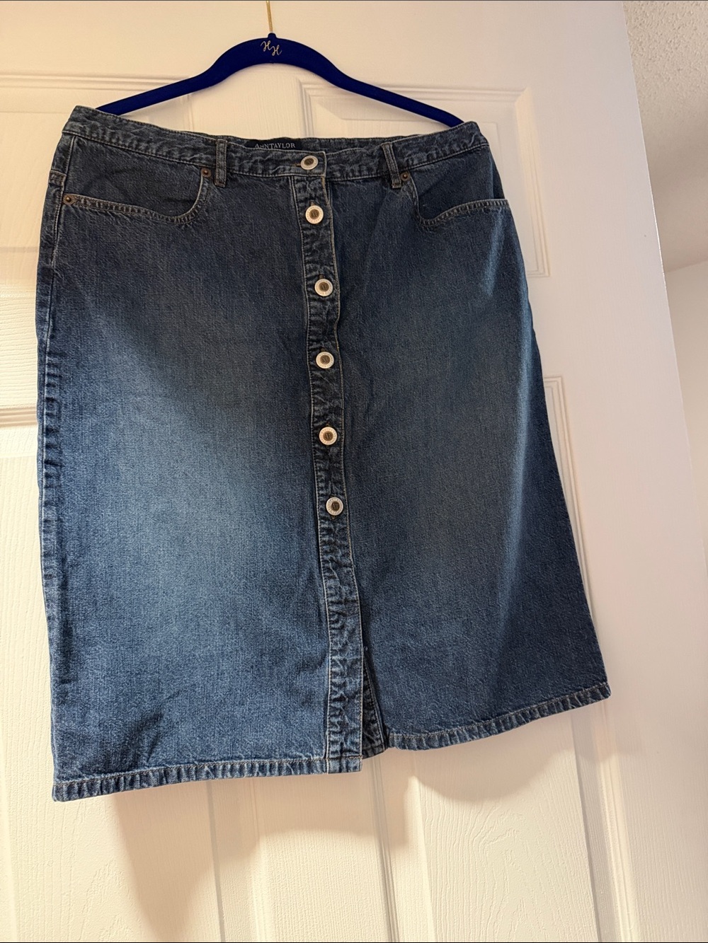 Ann Taylor Dark Blue Button-Front Midi Denim Skirt